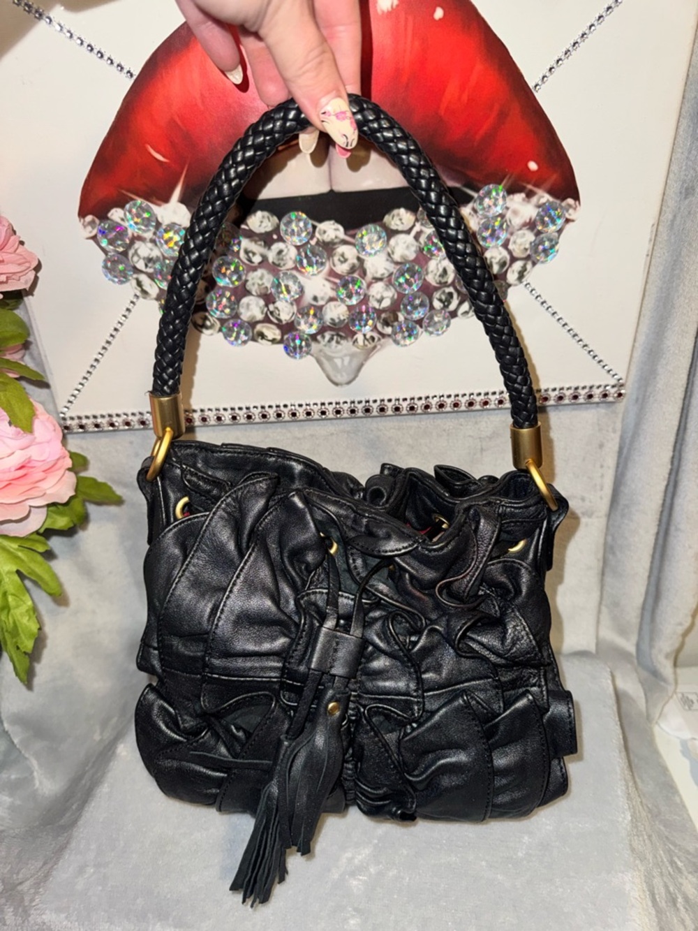 Adrienne Vittadini Donatella Ruffle Bag Y2K Black Leather Drawstring Purse